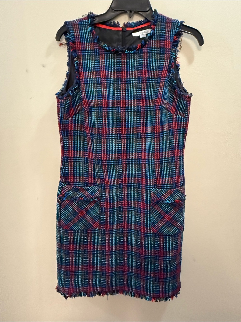Boden Sleeveless Colorful Tweed Plaid Shift Dress Sz 6 Fringe Workwear Preppy